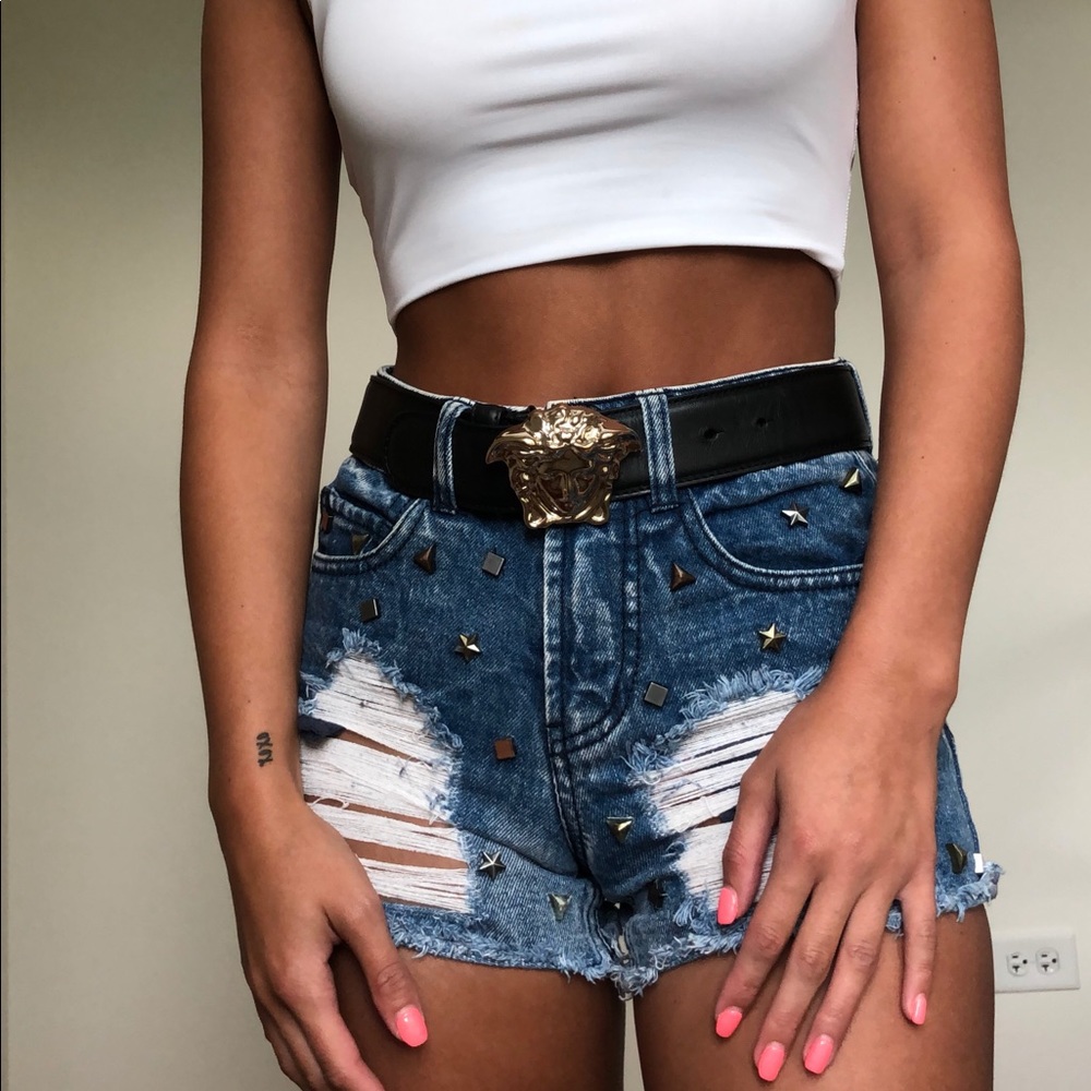 Studded High-Wasted Jean Shorts